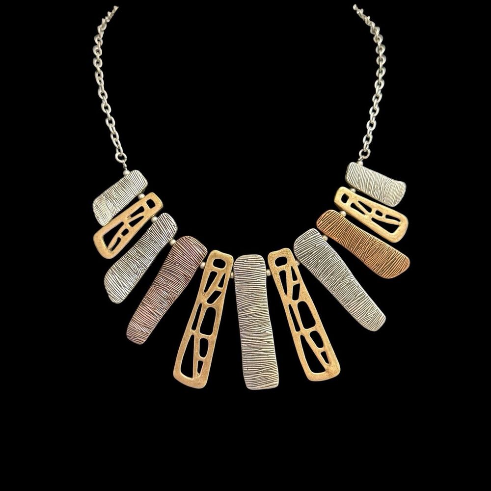 Mixed Metal Tone Statement Bib Necklace Abstract Modern Design 16"
